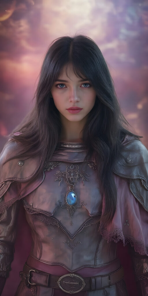 In a fantastical realm, a (((fantasy girl with an unmistakable face—her features delicate yet alluring))) stands clad in armor that blends light and fantasy. Crafted from intricate thin silver and gold threads, the armor shines with a soft, iridescent glow. A flowing cloak, woven from shimmering silk and velvet, drapes over her shoulders and billows softly in the breeze. Adorned with embroidered stars and constellations, the cloak is adorned with delicate lace details and velvet pockets that sparkle like diamonds in the moonlight. A leather belt sits comfortably on her waist, adorned with polished leather details that match the armor's sleek contours. A pair of polished silver gloves adds to the elegance of her ensemble, accentuating the delicate threads of her cloak and highlighting the alluring nature of her attire. Her hair, a cascade of midnight black and indigo, wears a small moonstone pendant that dangles softly off her neck until the next night.