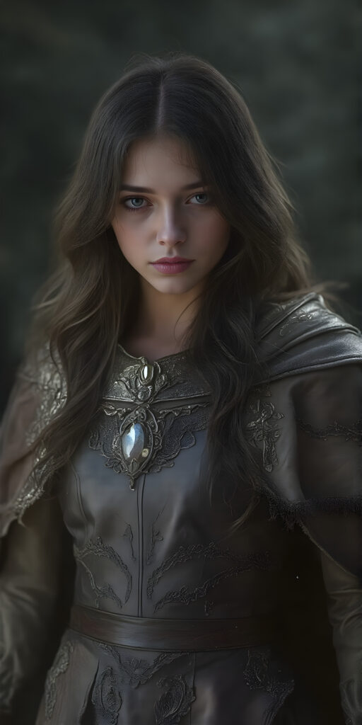 In a fantastical realm, a (((fantasy girl with an unmistakable face—her features delicate yet alluring))) stands clad in armor that blends light and fantasy. Crafted from intricate thin silver and gold threads, the armor shines with a soft, iridescent glow. A flowing cloak, woven from shimmering silk and velvet, drapes over her shoulders and billows softly in the breeze. Adorned with embroidered stars and constellations, the cloak is adorned with delicate lace details and velvet pockets that sparkle like diamonds in the moonlight. A leather belt sits comfortably on her waist, adorned with polished leather details that match the armor's sleek contours. A pair of polished silver gloves adds to the elegance of her ensemble, accentuating the delicate threads of her cloak and highlighting the alluring nature of her attire. Her hair, a cascade of midnight black and indigo, wears a small moonstone pendant that dangles softly off her neck until the next night.