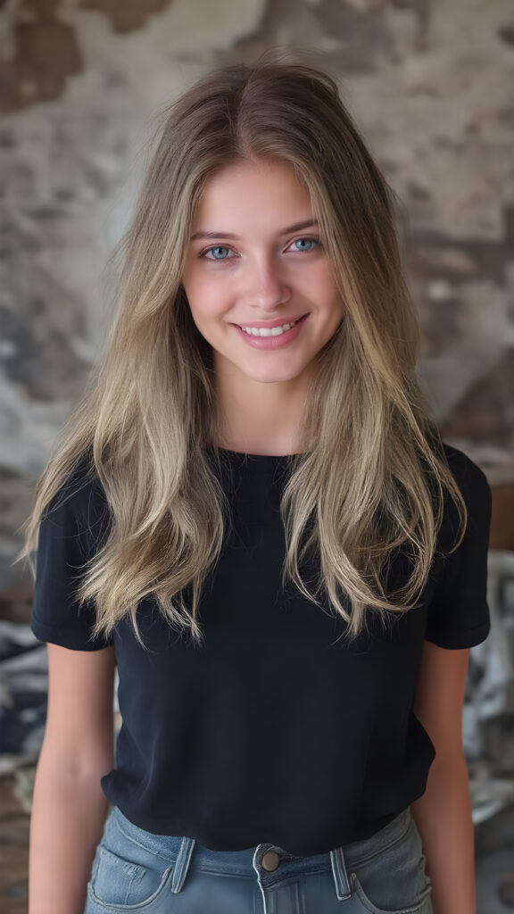 In the 'World Fashion Map,' a (((teen girl))) with (((extremely long, silky wavy light blonde hair))), wearing a sleek and tight 'Black T-Shirt with World Fashion Design' that seamlessly complements her stylishly faded jeans. Her face exudes a (((soft yet inviting smile))), perfectly accentuating her ((perfectly proportioned figure)), which includes a slim waist and (extraordinary long, flowing eyelashes) that add to her (alluring charm). The backdrop is a (clearly detailed and highly realistic) setting that perfectly captures the essence of modern luxury and fashion, with (interwoven textures) and (distinctive patterns) that give off a (vivid color contrast) against her (natural skin tone) makeup and (crisp pearly white teeth) as the ultimate finishing touch