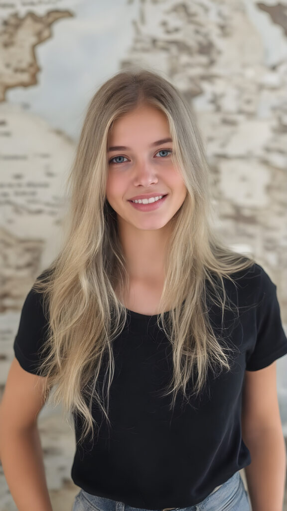 In the 'World Fashion Map,' a (((teen girl))) with (((extremely long, silky wavy light blonde hair))), wearing a sleek and tight 'Black T-Shirt with World Fashion Design' that seamlessly complements her stylishly faded jeans. Her face exudes a (((soft yet inviting smile))), perfectly accentuating her ((perfectly proportioned figure)), which includes a slim waist and (extraordinary long, flowing eyelashes) that add to her (alluring charm). The backdrop is a (clearly detailed and highly realistic) setting that perfectly captures the essence of modern luxury and fashion, with (interwoven textures) and (distinctive patterns) that give off a (vivid color contrast) against her (natural skin tone) makeup and (crisp pearly white teeth) as the ultimate finishing touch