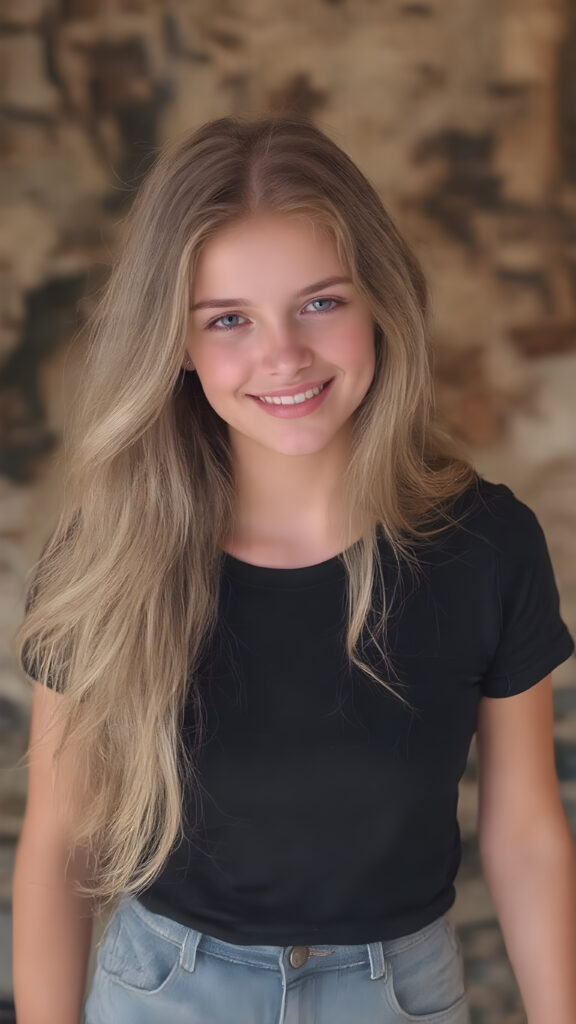 In the 'World Fashion Map,' a (((teen girl))) with (((extremely long, silky wavy light blonde hair))), wearing a sleek and tight 'Black T-Shirt with World Fashion Design' that seamlessly complements her stylishly faded jeans. Her face exudes a (((soft yet inviting smile))), perfectly accentuating her ((perfectly proportioned figure)), which includes a slim waist and (extraordinary long, flowing eyelashes) that add to her (alluring charm). The backdrop is a (clearly detailed and highly realistic) setting that perfectly captures the essence of modern luxury and fashion, with (interwoven textures) and (distinctive patterns) that give off a (vivid color contrast) against her (natural skin tone) makeup and (crisp pearly white teeth) as the ultimate finishing touch