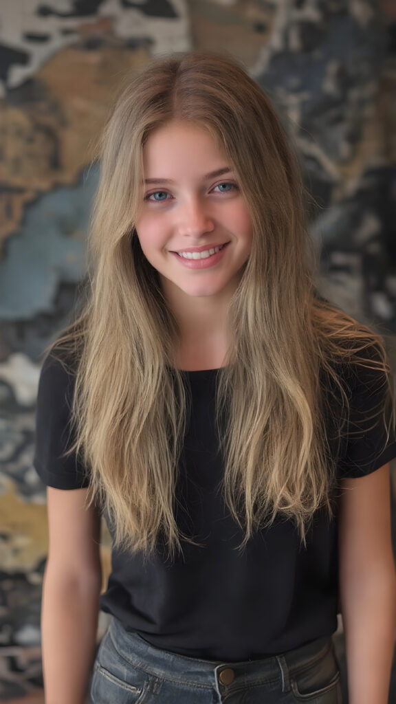 In the 'World Fashion Map,' a (((teen girl))) with (((extremely long, silky wavy light blonde hair))), wearing a sleek and tight 'Black T-Shirt with World Fashion Design' that seamlessly complements her stylishly faded jeans. Her face exudes a (((soft yet inviting smile))), perfectly accentuating her ((perfectly proportioned figure)), which includes a slim waist and (extraordinary long, flowing eyelashes) that add to her (alluring charm). The backdrop is a (clearly detailed and highly realistic) setting that perfectly captures the essence of modern luxury and fashion, with (interwoven textures) and (distinctive patterns) that give off a (vivid color contrast) against her (natural skin tone) makeup and (crisp pearly white teeth) as the ultimate finishing touch