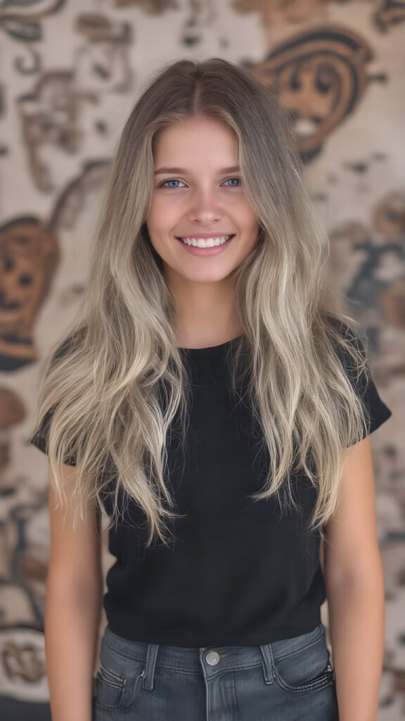 In the 'World Fashion Map,' a (((teen girl))) with (((extremely long, silky wavy light blonde hair))), wearing a sleek and tight 'Black T-Shirt with World Fashion Design' that seamlessly complements her stylishly faded jeans. Her face exudes a (((soft yet inviting smile))), perfectly accentuating her ((perfectly proportioned figure)), which includes a slim waist and (extraordinary long, flowing eyelashes) that add to her (alluring charm). The backdrop is a (clearly detailed and highly realistic) setting that perfectly captures the essence of modern luxury and fashion, with (interwoven textures) and (distinctive patterns) that give off a (vivid color contrast) against her (natural skin tone) makeup and (crisp pearly white teeth) as the ultimate finishing touch