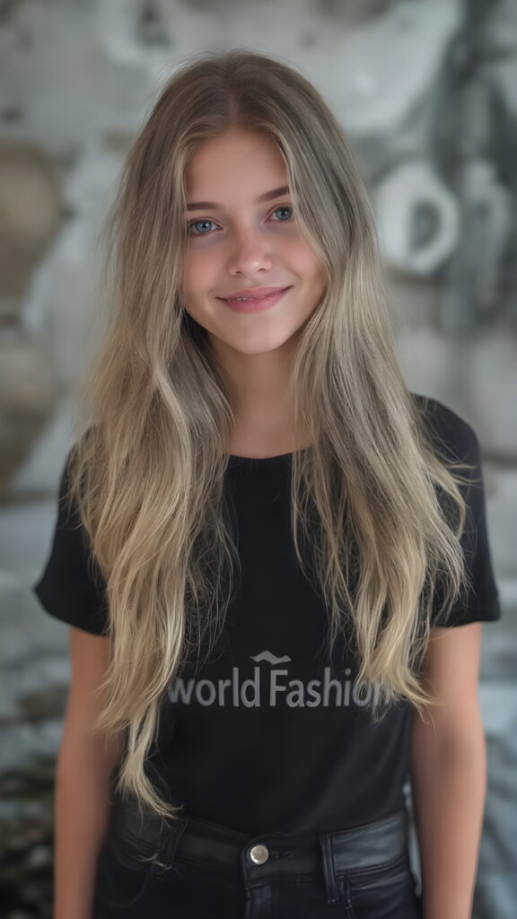 In the 'World Fashion Map,' a (((teen girl))) with (((extremely long, silky wavy light blonde hair))), wearing a sleek and tight 'Black T-Shirt with World Fashion Design' that seamlessly complements her stylishly faded jeans. Her face exudes a (((soft yet inviting smile))), perfectly accentuating her ((perfectly proportioned figure)), which includes a slim waist and (extraordinary long, flowing eyelashes) that add to her (alluring charm). The backdrop is a (clearly detailed and highly realistic) setting that perfectly captures the essence of modern luxury and fashion, with (interwoven textures) and (distinctive patterns) that give off a (vivid color contrast) against her (natural skin tone) makeup and (crisp pearly white teeth) as the ultimate finishing touch