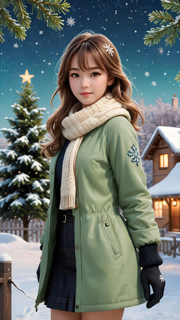 The girl's face and body both say that it's cold, and the background scenery says it, too. The scene features a cute girl with brown straight soft hair, bangs cut. She stands in front of the viewer, her back turned towards them, her body language indicating warmth and intimacy. Her attire is casual, comfortable, and warm, consisting of a fluffy green jacket, a beige scarf, and gloves. The background showcases a charming, detailed scene with a large, glowing tree under a starry sky. The tree is adorned with shiny, translucent ornaments that give off a subtle bluish glow, emphasizing its majestic presence. Around it, a whimsical scene unfolds with a black, three-dimensional snowflake swirling around the girl, adding a magical touch to the serene winter landscape.