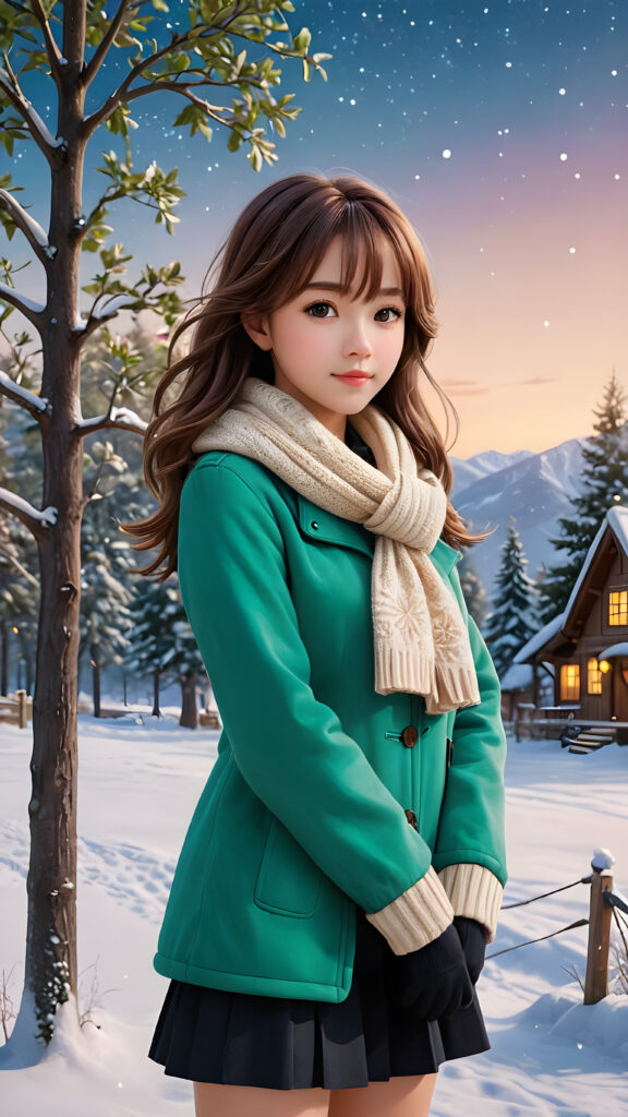 The girl's face and body both say that it's cold, and the background scenery says it, too. The scene features a cute girl with brown straight soft hair, bangs cut. She stands in front of the viewer, her back turned towards them, her body language indicating warmth and intimacy. Her attire is casual, comfortable, and warm, consisting of a fluffy green jacket, a beige scarf, and gloves. The background showcases a charming, detailed scene with a large, glowing tree under a starry sky. The tree is adorned with shiny, translucent ornaments that give off a subtle bluish glow, emphasizing its majestic presence. Around it, a whimsical scene unfolds with a black, three-dimensional snowflake swirling around the girl, adding a magical touch to the serene winter landscape.