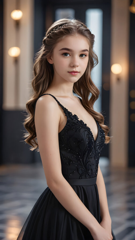 Visualize a (((fantastic fantasy teen girl))) with intricate details and realistic features, ((posed in an elegant pose)) against a (((softly blurred empty backdrop))), dressed in a (((black cocktail dress))), her hair flowing gracefully around her