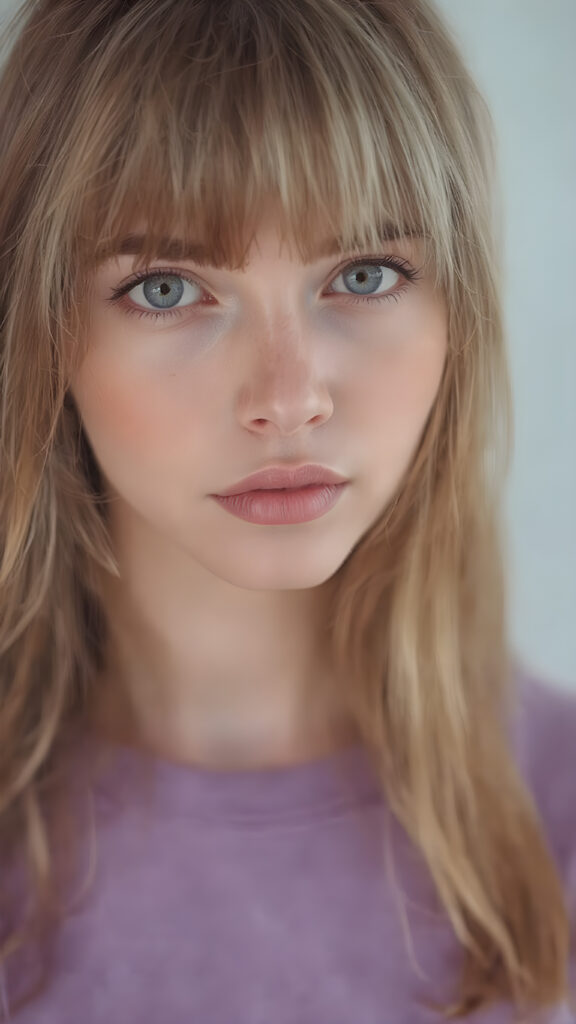 Visualize a (((full body shot))) of a (((Really Detailed Face:1.3))), with its intricate features and expressions suggesting a sense of (Seduction) on the part of the girl. Her (Long Hair:1.2), framing her face in a (Classic Bangs:1.1), is a mix of (Vivid Red:1.3) and (Soft White:1.2), with a (Blush:1.5) that brings a (Sweetly Natural Look:1.2) to her features. She's dressed in a (Slim-Fitting Plain Violet T-Shirt:1.1) that complements her form, and she's posed (Full Body Shot:1.2) against a backdrop of a (Softly Ethereal Mist:1.2) that highlights her (Classic Beauty:1.3) in a (Natural and tasteful pose:1.1)