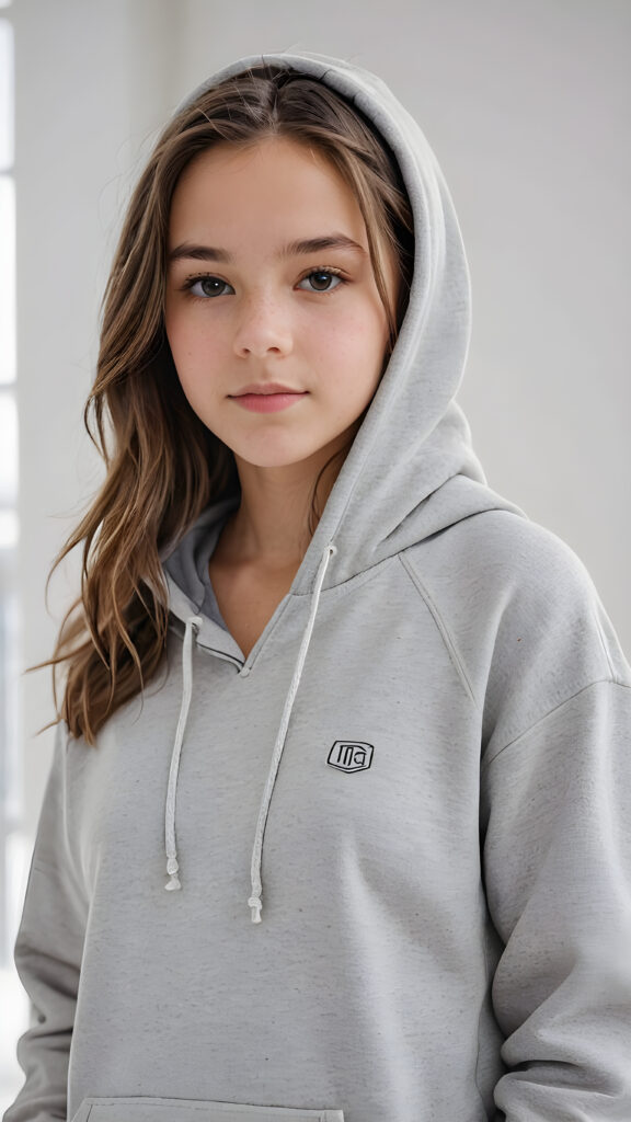 visualize a (((young teen girl))) dressed in a (vividly gray hoodie), standing confidently against a (magnificent white backdrop) that suggests tranquility and serenity