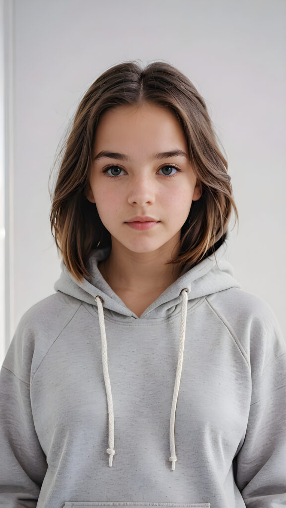 visualize a (((young teen girl))) dressed in a (vividly gray hoodie), standing confidently against a (magnificent white backdrop) that suggests tranquility and serenity