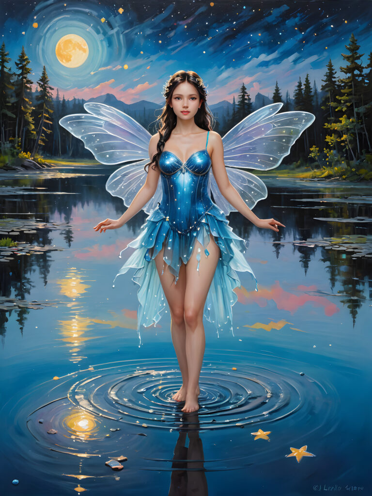 Visualize a (((sweet and young lunar fairy))), standing in a (((shallow lake))), with a figure that exudes an ethereal perfection. The sky above is suffused with a soft (((blue))) hue, contrasted by (((black))) streaks, while a canvas of twinkling (((stars))) sprinkle the expanse. The fairy's wings span as large as her body and shimmer in a (rainbow spectrum)