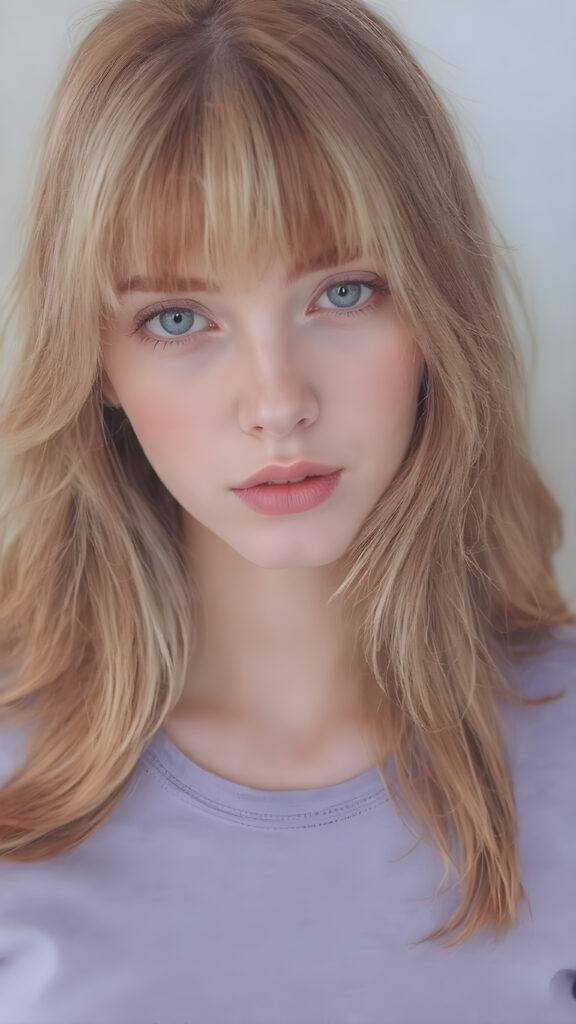 Visualize a (((full body shot))) of a (((Really Detailed Face:1.3))), with its intricate features and expressions suggesting a sense of (Seduction) on the part of the girl. Her (Long Hair:1.2), framing her face in a (Classic Bangs:1.1), is a mix of (Vivid Red:1.3) and (Soft White:1.2), with a (Blush:1.5) that brings a (Sweetly Natural Look:1.2) to her features. She's dressed in a (Slim-Fitting Plain Violet T-Shirt:1.1) that complements her form, and she's posed (Full Body Shot:1.2) against a backdrop of a (Softly Ethereal Mist:1.2) that highlights her (Classic Beauty:1.3) in a (Natural and tasteful pose:1.1)