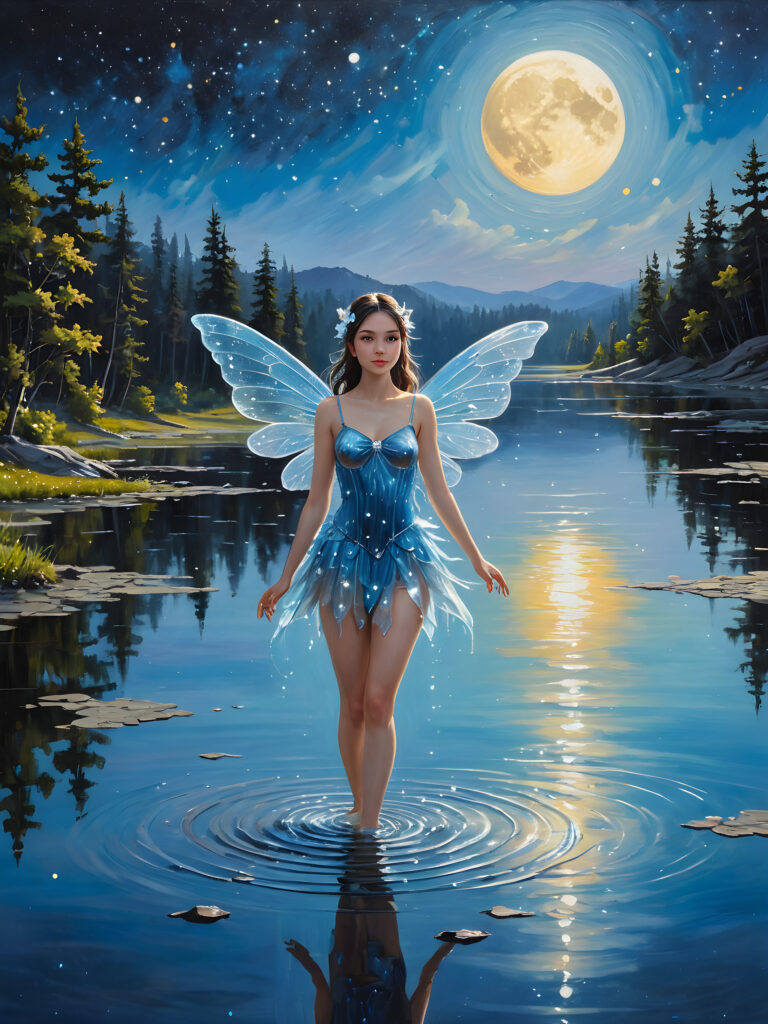 Visualize a (((sweet and young lunar fairy))), standing in a (((shallow lake))), with a figure that exudes an ethereal perfection. The sky above is suffused with a soft (((blue))) hue, contrasted by (((black))) streaks, while a canvas of twinkling (((stars))) sprinkle the expanse. The fairy's wings span as large as her body and shimmer in a (rainbow spectrum)