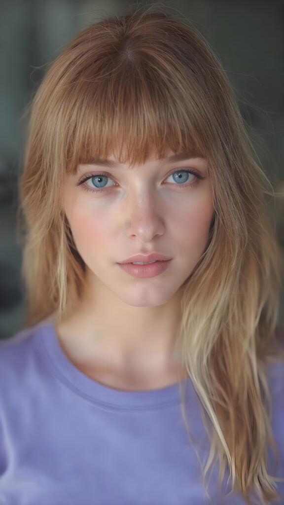 Visualize a (((full body shot))) of a (((Really Detailed Face:1.3))), with its intricate features and expressions suggesting a sense of (Seduction) on the part of the girl. Her (Long Hair:1.2), framing her face in a (Classic Bangs:1.1), is a mix of (Vivid Red:1.3) and (Soft White:1.2), with a (Blush:1.5) that brings a (Sweetly Natural Look:1.2) to her features. She's dressed in a (Slim-Fitting Plain Violet T-Shirt:1.1) that complements her form, and she's posed (Full Body Shot:1.2) against a backdrop of a (Softly Ethereal Mist:1.2) that highlights her (Classic Beauty:1.3) in a (Natural and tasteful pose:1.1)