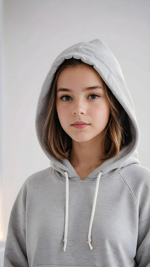 visualize a (((young teen girl))) dressed in a (vividly gray hoodie), standing confidently against a (magnificent white backdrop) that suggests tranquility and serenity