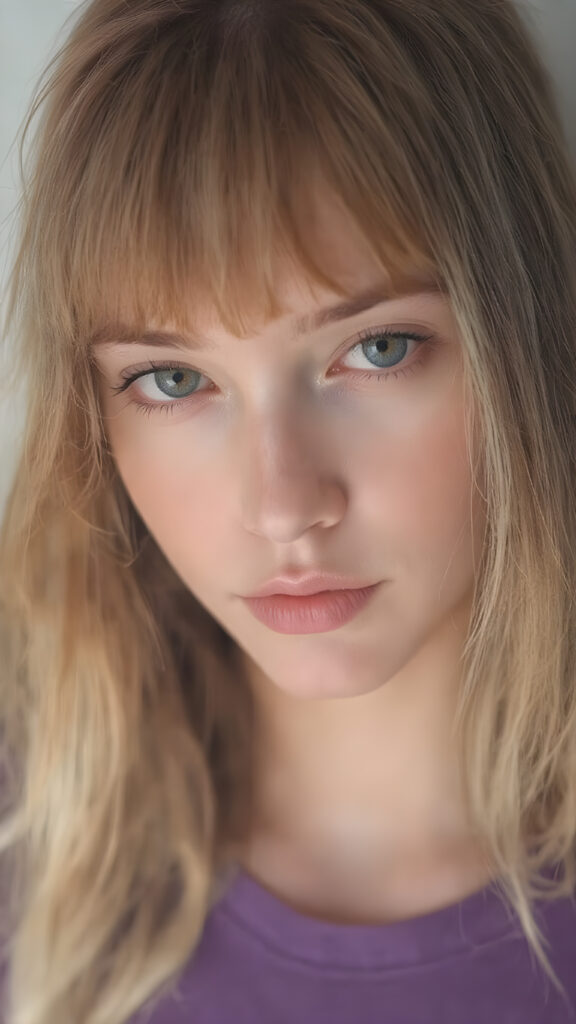 Visualize a (((full body shot))) of a (((Really Detailed Face:1.3))), with its intricate features and expressions suggesting a sense of (Seduction) on the part of the girl. Her (Long Hair:1.2), framing her face in a (Classic Bangs:1.1), is a mix of (Vivid Red:1.3) and (Soft White:1.2), with a (Blush:1.5) that brings a (Sweetly Natural Look:1.2) to her features. She's dressed in a (Slim-Fitting Plain Violet T-Shirt:1.1) that complements her form, and she's posed (Full Body Shot:1.2) against a backdrop of a (Softly Ethereal Mist:1.2) that highlights her (Classic Beauty:1.3) in a (Natural and tasteful pose:1.1)