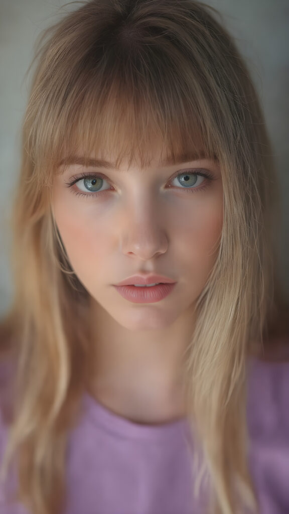 Visualize a (((full body shot))) of a (((Really Detailed Face:1.3))), with its intricate features and expressions suggesting a sense of (Seduction) on the part of the girl. Her (Long Hair:1.2), framing her face in a (Classic Bangs:1.1), is a mix of (Vivid Red:1.3) and (Soft White:1.2), with a (Blush:1.5) that brings a (Sweetly Natural Look:1.2) to her features. She's dressed in a (Slim-Fitting Plain Violet T-Shirt:1.1) that complements her form, and she's posed (Full Body Shot:1.2) against a backdrop of a (Softly Ethereal Mist:1.2) that highlights her (Classic Beauty:1.3) in a (Natural and tasteful pose:1.1)