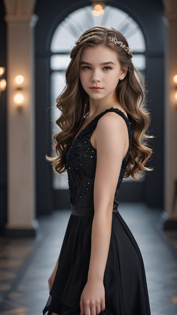 Visualize a (((fantastic fantasy teen girl))) with intricate details and realistic features, ((posed in an elegant pose)) against a (((softly blurred empty backdrop))), dressed in a (((black cocktail dress))), her hair flowing gracefully around her