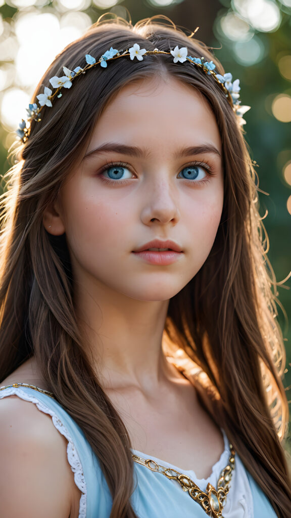 young girl looks like Artemis, detailed photo, straight hair, light blue eyes, (round angelic face), ((stunning)) ((gorgeous))