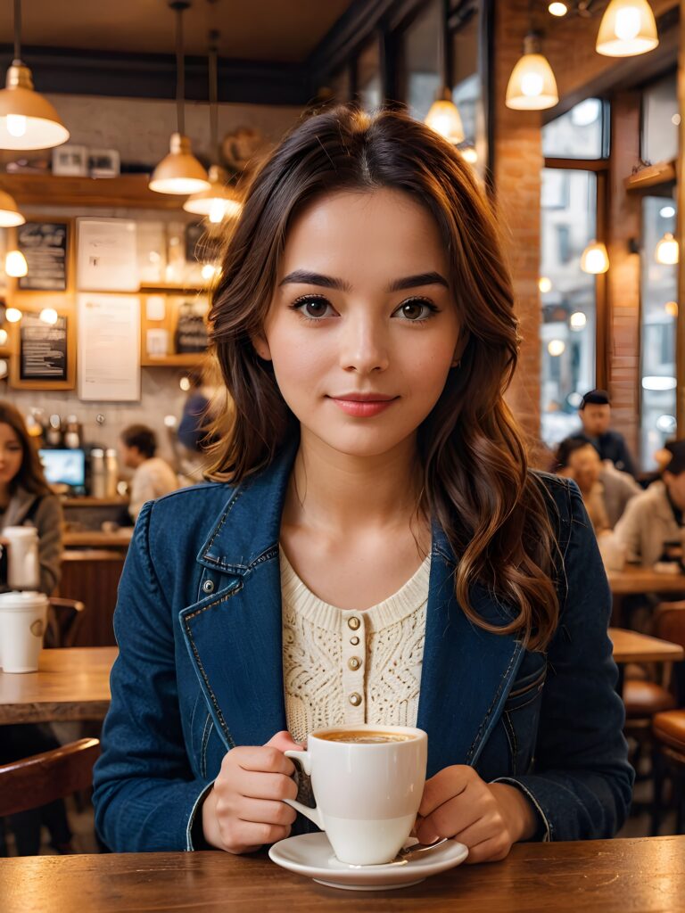 visualize an incredible scene where a beautifully dressed girl, surrounded by the warm glow of a coffee shop, enjoys (a cup) of coffee with utmost elegance. 4k resolution, best quality