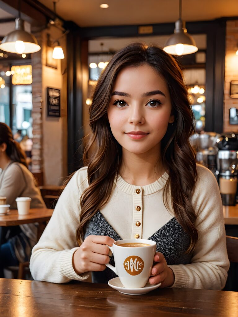 visualize an incredible scene where a beautifully dressed girl, surrounded by the warm glow of a coffee shop, enjoys (a cup) of coffee with utmost elegance. 4k resolution, best quality