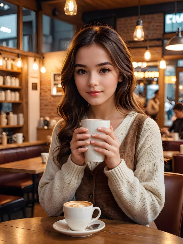 visualize an incredible scene where a beautifully dressed girl, surrounded by the warm glow of a coffee shop, enjoys (a cup) of coffee with utmost elegance. 4k resolution, best quality