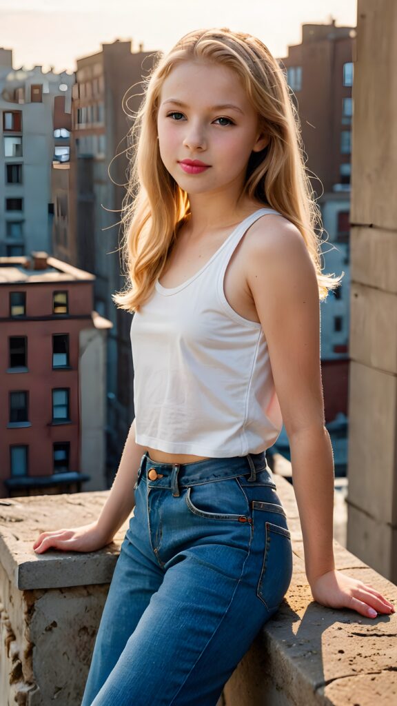 a (((11-year-old girl))) with luxuriously long, (((straight gold hair))), flawlessly pale skin, and (((pink lips))), dressed in a (((low-cut, short white tank top))), paired with (((short denim jeans))), waiting confidently on a (((building ledge))), surrounded by a (((vividly detailed, 1940s-inspired backdrop))) with warm, (((sunset tones))) gently illuminating her scene