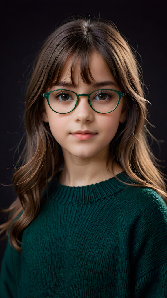 a 12-years old girl with long, brown shoulder-length hair, wearing a large, dark green prescription glasses, a fine sweater made of wool. She has bangs that are parted to the side. Her eyes are dark brown. ((dark background)) ((gorgeous)) ((stunning)) ((perfect portrait))