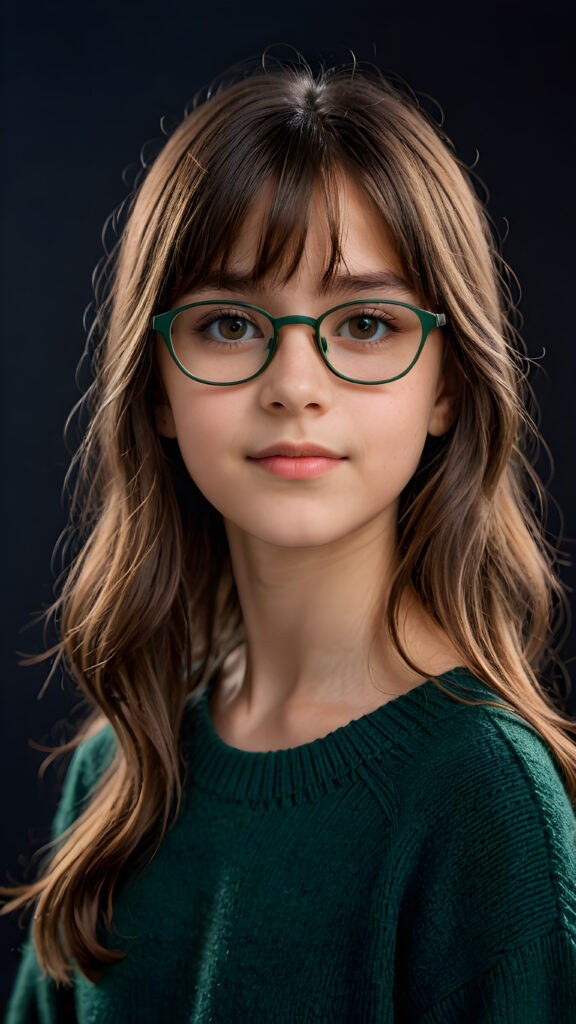 a 12-years old girl with long, brown shoulder-length hair, wearing a large, dark green prescription glasses, a fine sweater made of wool. She has bangs that are parted to the side. Her eyes are dark brown. ((dark background)) ((gorgeous)) ((stunning)) ((perfect portrait))