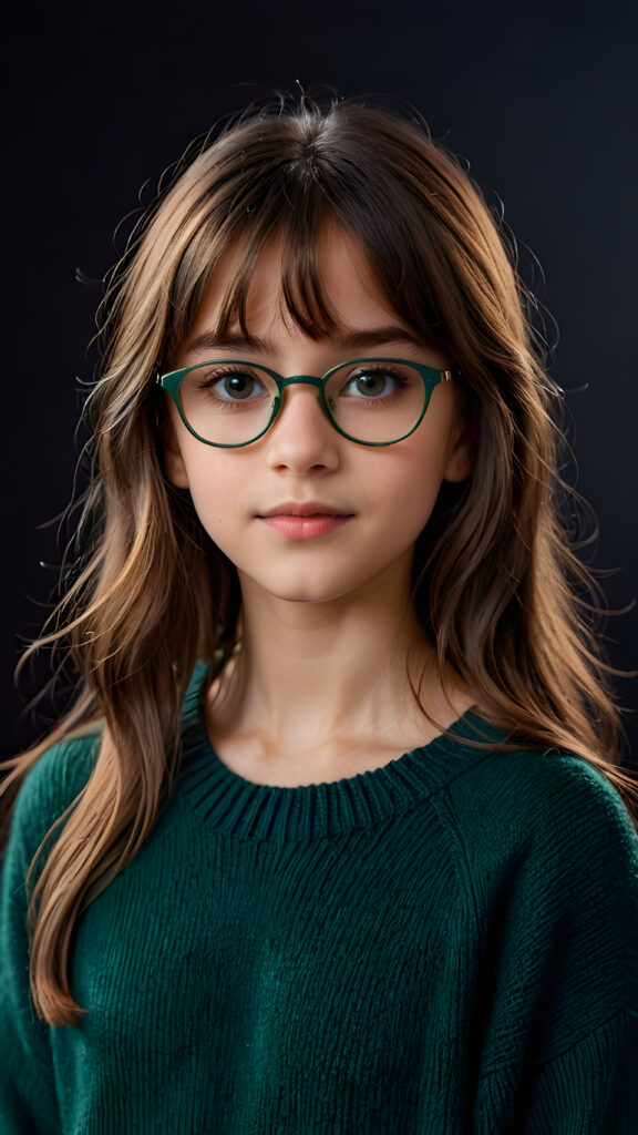 a 12-years old girl with long, brown shoulder-length hair, wearing a large, dark green prescription glasses, a fine sweater made of wool. She has bangs that are parted to the side. Her eyes are dark brown. ((dark background)) ((gorgeous)) ((stunning)) ((perfect portrait))