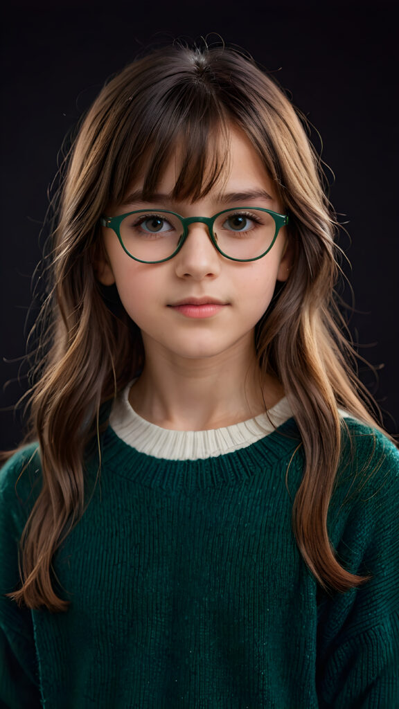 a 12-years old girl with long, brown shoulder-length hair, wearing a large, dark green prescription glasses, a fine sweater made of wool. She has bangs that are parted to the side. Her eyes are dark brown. ((dark background)) ((gorgeous)) ((stunning)) ((perfect portrait))