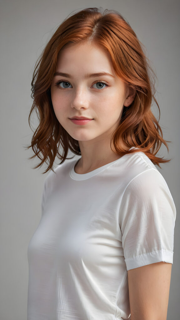 a 13 years old teen girl, shoulder-length red hair, she wears a ((white short thin t-shirt made of silk)), perfect curved body, ultra realistic face, realistic eyes, ((angelic round face)), stunning photo with beautiful saturation, ultra high resolution, deep shadow, (best quality, masterpiece), looking at viewer, warm smile, masterpiece, ultra realistic portrait, best quality, ((grey light background)) ((gorgeous)) ((cute)) ((side view)) ((full body))