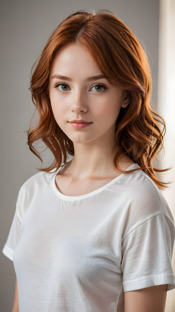 a 13 years old teen girl, shoulder-length red hair, she wears a ((white short thin t-shirt made of silk)), perfect curved body, ultra realistic face, realistic eyes, ((angelic round face)), stunning photo with beautiful saturation, ultra high resolution, deep shadow, (best quality, masterpiece), looking at viewer, warm smile, masterpiece, ultra realistic portrait, best quality, ((grey light background)) ((gorgeous)) ((cute)) ((side view)) ((full body))