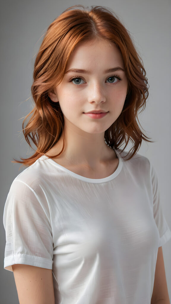 a 13 years old teen girl, shoulder-length red hair, she wears a ((white short thin t-shirt made of silk)), perfect curved body, ultra realistic face, realistic eyes, ((angelic round face)), stunning photo with beautiful saturation, ultra high resolution, deep shadow, (best quality, masterpiece), looking at viewer, warm smile, masterpiece, ultra realistic portrait, best quality, ((grey light background)) ((gorgeous)) ((cute)) ((side view)) ((full body))