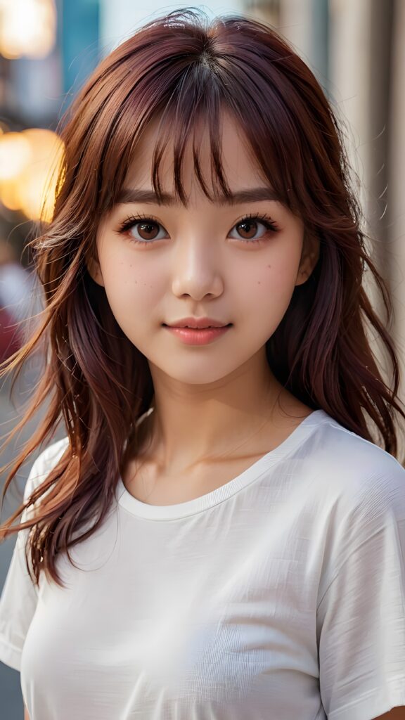 a 14 years old teen girl, detailed hair, Korea styled bangs, white short t-shirt, perfect curved body, ultra realistic face, realistic amber eyes, detailed maroon straight long hair, a stunning photo with beautiful saturation, ultra high resolution, deep shadow, (best quality, masterpiece), looking at viewer, warm smile, (upper body)