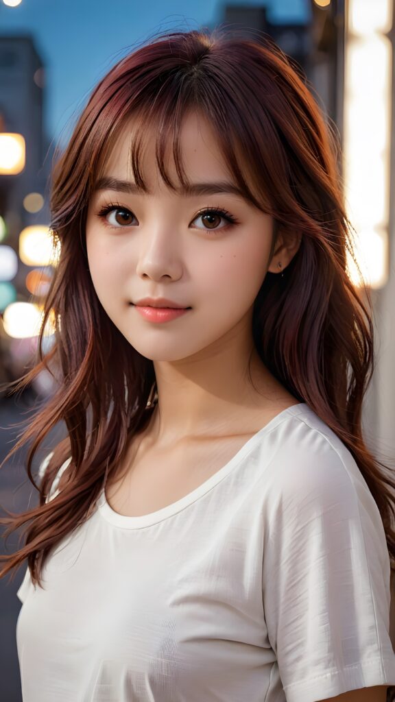 a 14 years old teen girl, detailed hair, Korea styled bangs, white short t-shirt, perfect curved body, ultra realistic face, realistic amber eyes, detailed maroon straight long hair, a stunning photo with beautiful saturation, ultra high resolution, deep shadow, (best quality, masterpiece), looking at viewer, warm smile, (upper body)