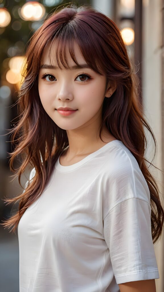 a 14 years old teen girl, detailed hair, Korea styled bangs, white short t-shirt, perfect curved body, ultra realistic face, realistic amber eyes, detailed maroon straight long hair, a stunning photo with beautiful saturation, ultra high resolution, deep shadow, (best quality, masterpiece), looking at viewer, warm smile, (upper body)