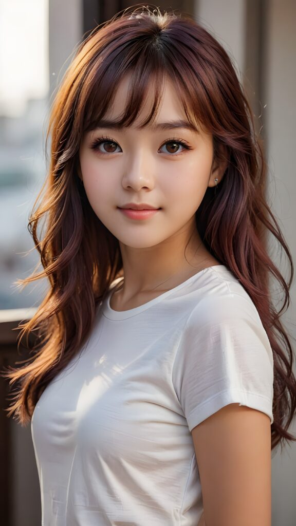 a 14 years old teen girl, detailed hair, Korea styled bangs, white short t-shirt, perfect curved body, ultra realistic face, realistic amber eyes, detailed maroon straight long hair, a stunning photo with beautiful saturation, ultra high resolution, deep shadow, (best quality, masterpiece), looking at viewer, warm smile, (upper body)