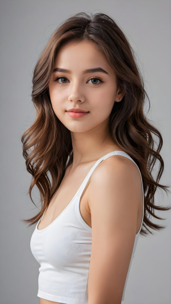 a 15 years old teen girl, shoulder-length hair, she wears a ((white short crop tank top)), perfect curved body, ultra realistic face, realistic eyes, ((angelic round face)), stunning photo with beautiful saturation, ultra high resolution, deep shadow, (best quality, masterpiece), looking at viewer, warm smile, masterpiece, ultra realistic portrait, best quality, ((grey light background)) ((gorgeous)) ((cute)) ((side view)) ((full body))