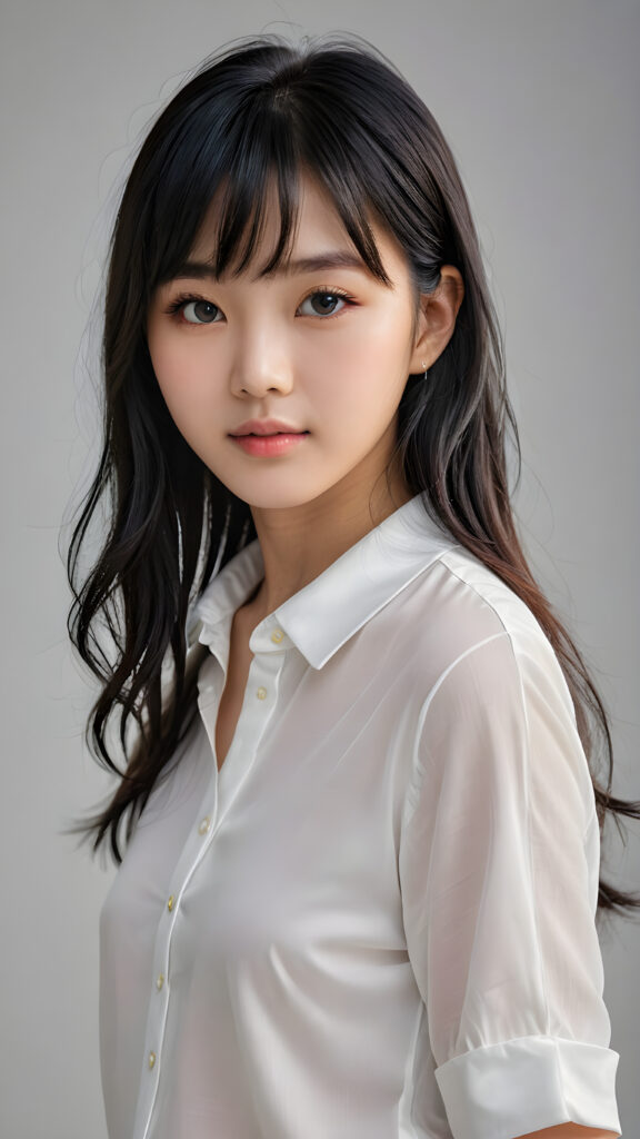 a 15 years old Korean teen girl, shoulder-length straight black hair, bangs that are parted to the side, she wears a ((white short thin shirt made of silk)), perfect curved body, ultra realistic face, realistic eyes, ((angelic round face)), stunning photo with beautiful saturation, ultra high resolution, deep shadow, (best quality, masterpiece), looking at viewer, warm smile, masterpiece, ultra realistic portrait, best quality, ((grey light background)) ((gorgeous)) ((cute)) ((side view)) ((full body))