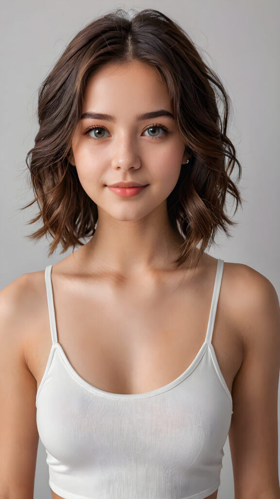 a 15 years old teen girl, shoulder-length hair, she wears a ((white short crop tank top)), perfect curved body, ultra realistic face, realistic eyes, ((angelic round face)), stunning photo with beautiful saturation, ultra high resolution, deep shadow, (best quality, masterpiece), looking at viewer, warm smile, masterpiece, ultra realistic portrait, best quality, ((grey light background)) ((gorgeous)) ((cute)) ((side view)) ((full body))