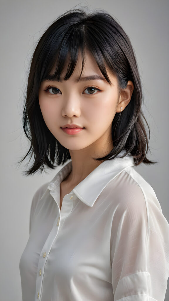 a 15 years old Korean teen girl, shoulder-length straight black hair, bangs that are parted to the side, she wears a ((white short thin shirt made of silk)), perfect curved body, ultra realistic face, realistic eyes, ((angelic round face)), stunning photo with beautiful saturation, ultra high resolution, deep shadow, (best quality, masterpiece), looking at viewer, warm smile, masterpiece, ultra realistic portrait, best quality, ((grey light background)) ((gorgeous)) ((cute)) ((side view)) ((full body))