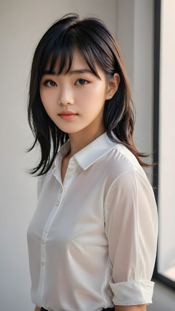 a 15 years old Korean teen girl, shoulder-length straight black hair, bangs that are parted to the side, she wears a ((white short thin shirt made of silk)), perfect curved body, ultra realistic face, realistic eyes, ((angelic round face)), stunning photo with beautiful saturation, ultra high resolution, deep shadow, (best quality, masterpiece), looking at viewer, warm smile, masterpiece, ultra realistic portrait, best quality, ((grey light background)) ((gorgeous)) ((cute)) ((side view)) ((full body))