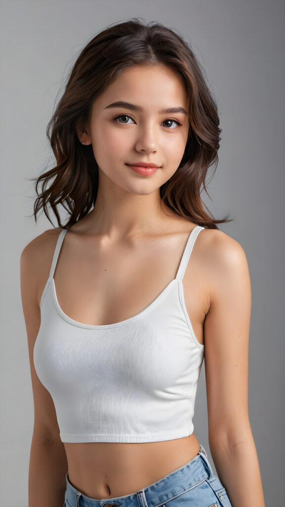 a 15 years old teen girl, shoulder-length hair, she wears a ((white short crop tank top)), perfect curved body, ultra realistic face, realistic eyes, ((angelic round face)), stunning photo with beautiful saturation, ultra high resolution, deep shadow, (best quality, masterpiece), looking at viewer, warm smile, masterpiece, ultra realistic portrait, best quality, ((grey light background)) ((gorgeous)) ((cute)) ((side view)) ((full body))