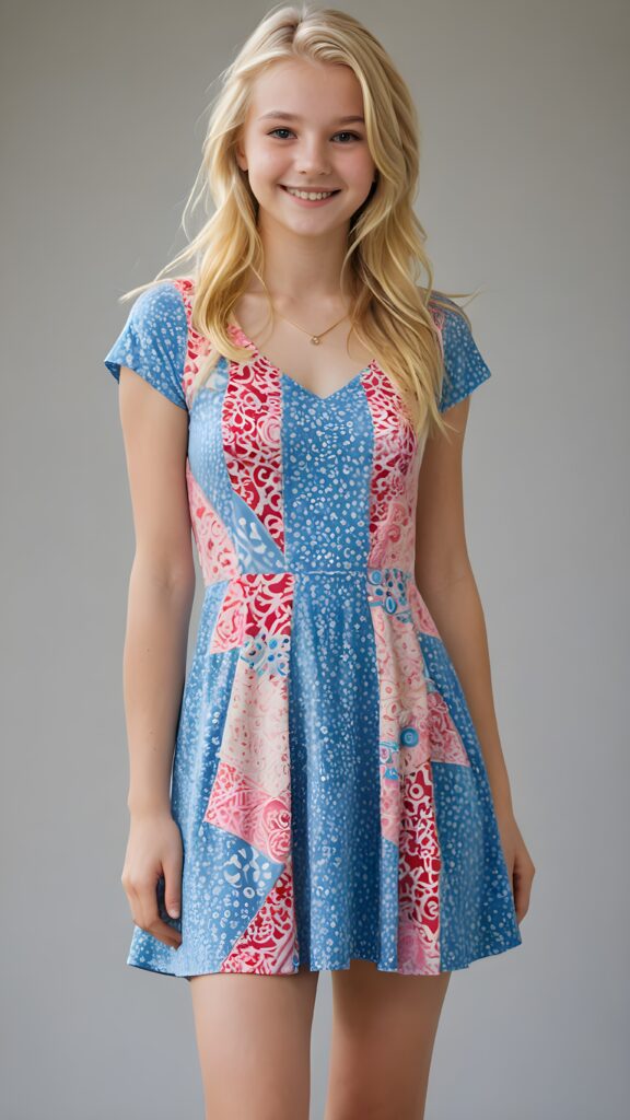 a (((16-year-old happy and smiling blonde girl))), with long, flowing hair and a petite, yet athletic figure, dressed in a (((short, thigh-length dress))), featuring a playful mix of patterns and colors, paired with a classic white T-shirt and denim shorts, accessorizing with a cute, modern necklace and classic, pointed leather boots