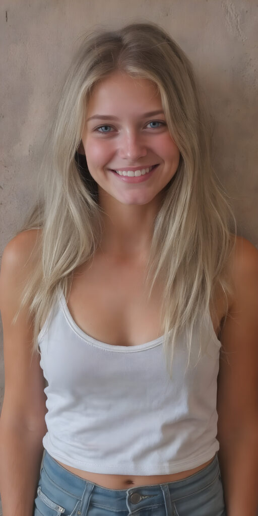 a (((16-year-old happy and smiling blonde girl))), with long, flowing soft hair and a petite, yet athletic figure, dressed in a (((short, cropped thigh-length dress))), paired with a classic white tank top with deep v-neck and denim shorts