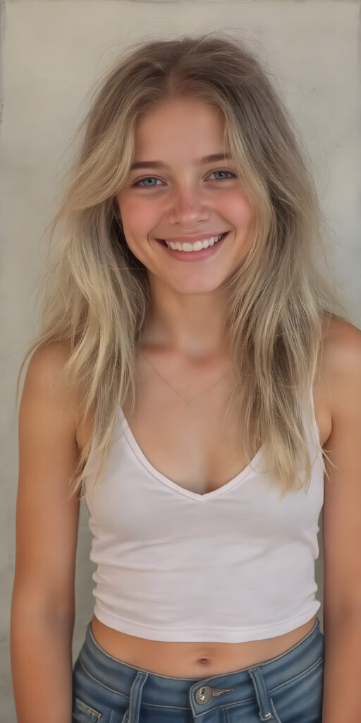 a (((16-year-old happy and smiling blonde girl))), with long, flowing soft hair and a petite, yet athletic figure, dressed in a (((short, cropped thigh-length dress))), paired with a classic white tank top with deep v-neck and denim shorts