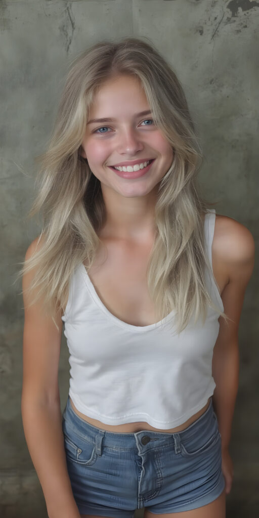 a (((16-year-old happy and smiling blonde girl))), with long, flowing soft hair and a petite, yet athletic figure, dressed in a (((short, cropped thigh-length dress))), paired with a classic white tank top with deep v-neck and denim shorts