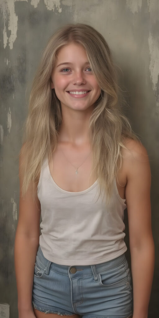 a (((16-year-old happy and smiling blonde girl))), with long, flowing soft hair and a petite, yet athletic figure, dressed in a (((short, cropped thigh-length dress))), paired with a classic white tank top with deep v-neck and denim shorts