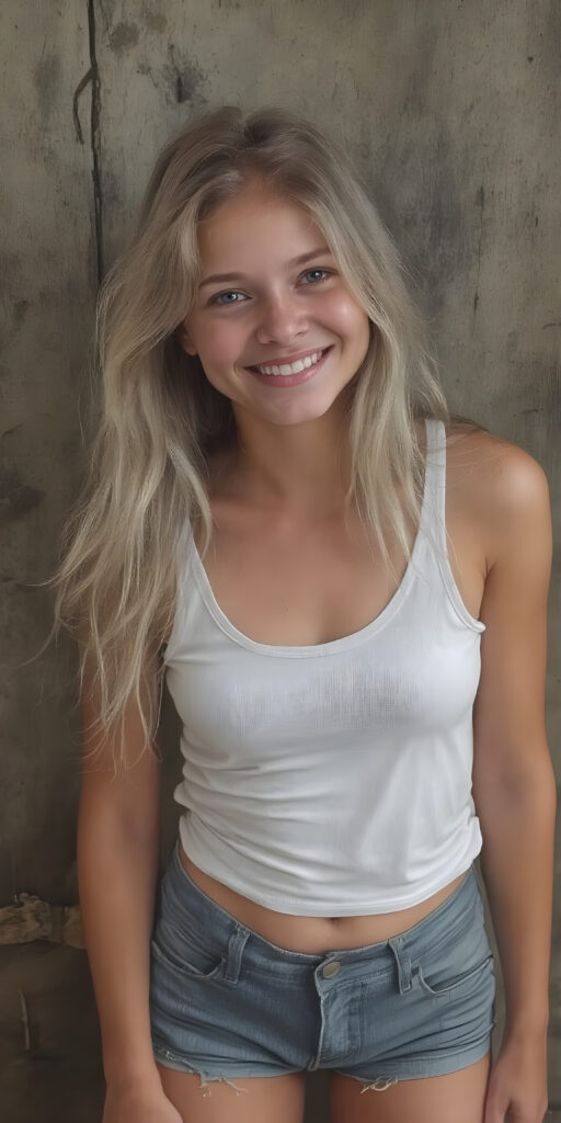 a (((16-year-old happy and smiling blonde girl))), with long, flowing soft hair and a petite, yet athletic figure, dressed in a (((short, cropped thigh-length dress))), paired with a classic white tank top with deep v-neck and denim shorts